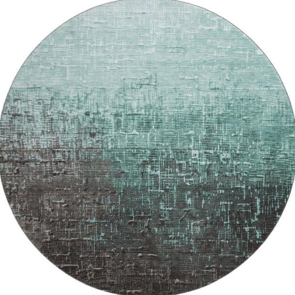 HomeRoots 8' Teal Gray Charcoal Ombre Round Rug - Washable, UV Protected, Non-Slip for Modern Homes & Kids 683384