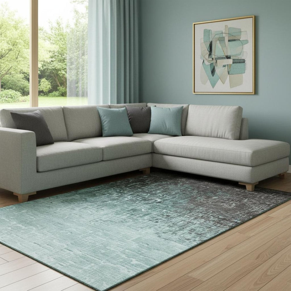 HomeRoots 8' X 10' Teal Gray Charcoal Ombre Washable Area Rug - Durable, Stain-Resistant, UV Protected Design 683385