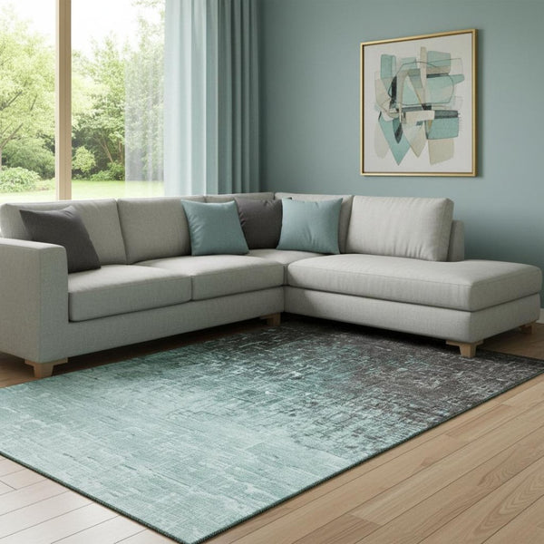 HomeRoots 8' X 10' Teal Gray Charcoal Ombre Washable Area Rug - Durable, Stain-Resistant, UV Protected Design 683385