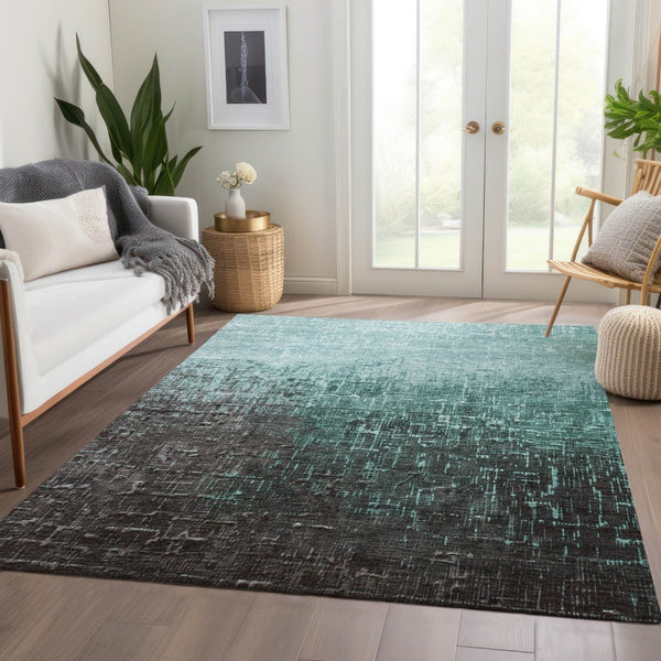 HomeRoots 8' X 10' Teal Gray Charcoal Ombre Washable Area Rug - Durable, Stain-Resistant, UV Protected Design 683385