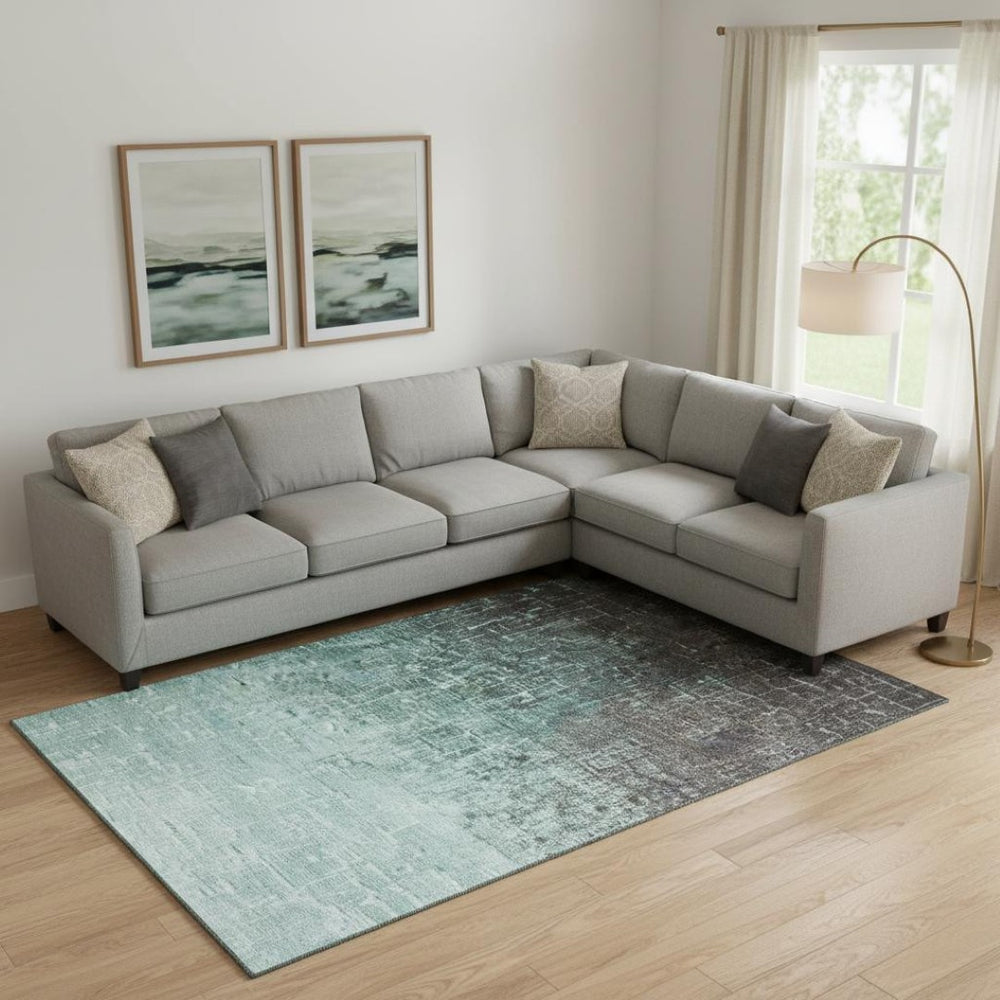HomeRoots 9' X 12' Teal Gray Charcoal Ombre Area Rug - Modern, Washable, UV Protected, Durable for Busy Homes 683386