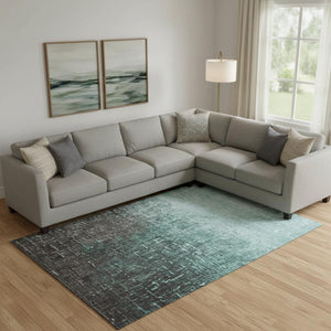 HomeRoots 10' Teal Gray Charcoal Ombre Washable Area Rug - Durable, UV-Protected, Perfect for High-Traffic Spaces 683387