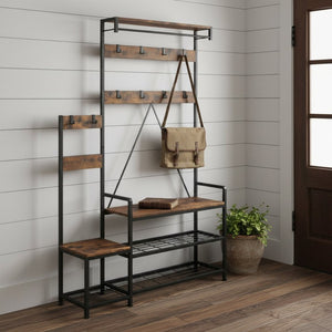 HomeRoots 71" Rustic Ten Hook Coat Rack Storage Bench - Stylish Entryway Organizer with Shoe Storage & Seat 683392