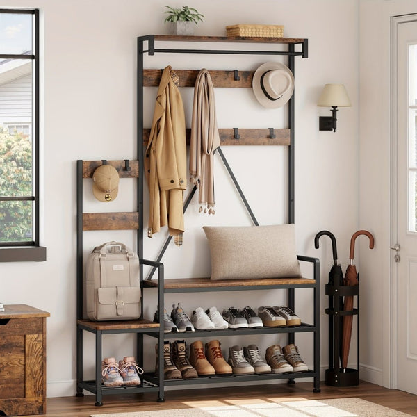 HomeRoots 71" Rustic Ten Hook Coat Rack Storage Bench - Stylish Entryway Organizer with Shoe Storage & Seat 683392