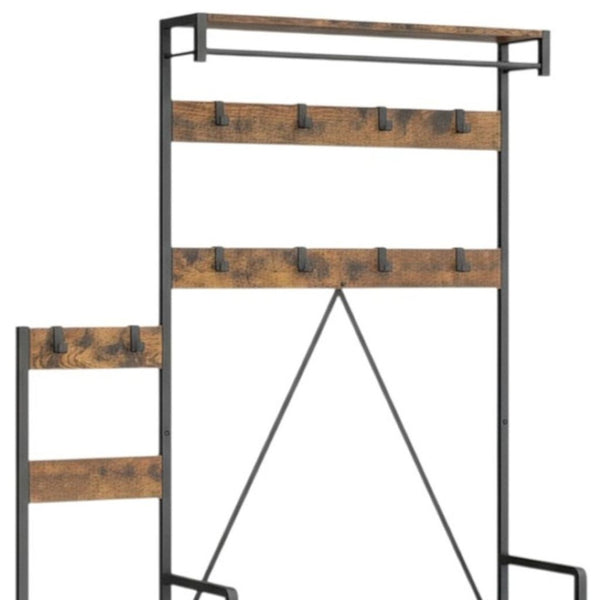 HomeRoots 71" Rustic Ten Hook Coat Rack Storage Bench - Stylish Entryway Organizer with Shoe Storage & Seat 683392