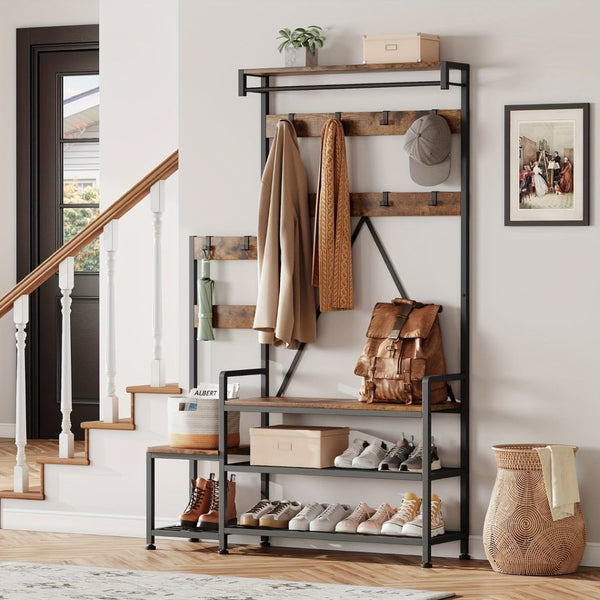 HomeRoots 71" Rustic Ten Hook Coat Rack Storage Bench - Stylish Entryway Organizer with Shoe Storage & Seat 683392