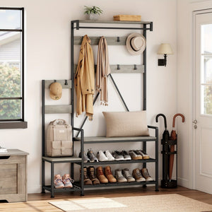 HomeRoots 71" Rustic Ten Hook Coat Rack Storage Bench - Stylish Entryway Organizer with Shoe Storage & Seat 683392