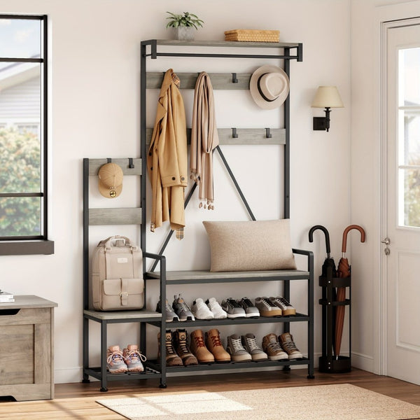 HomeRoots 71" Rustic Ten Hook Coat Rack Storage Bench - Stylish Entryway Organizer with Shoe Storage & Seat 683392