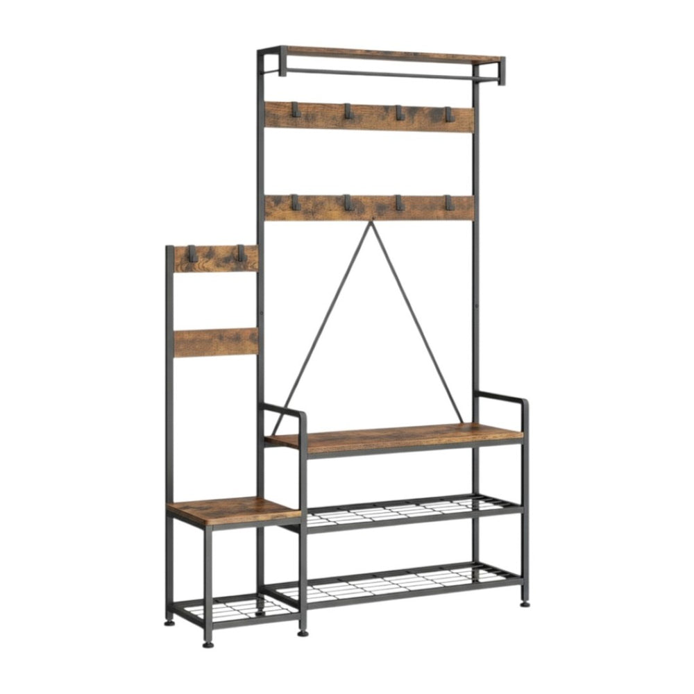 HomeRoots 71" Rustic Ten Hook Coat Rack Storage Bench - Stylish Entryway Organizer with Shoe Storage & Seat 683392