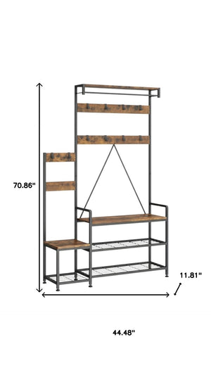 HomeRoots 71" Rustic Ten Hook Coat Rack Storage Bench - Stylish Entryway Organizer with Shoe Storage & Seat 683392