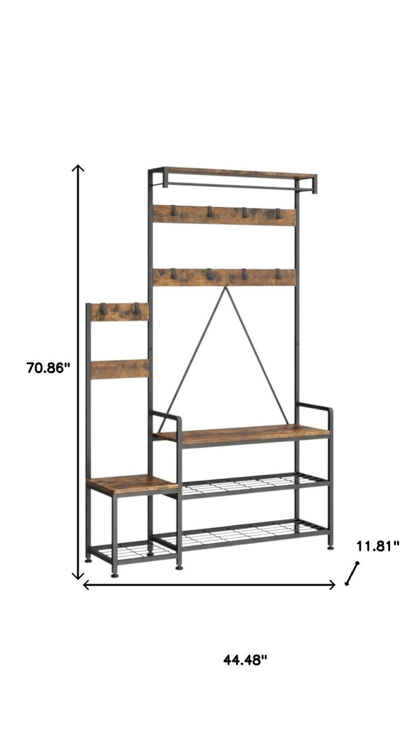 HomeRoots 71" Rustic Ten Hook Coat Rack Storage Bench - Stylish Entryway Organizer with Shoe Storage & Seat 683392