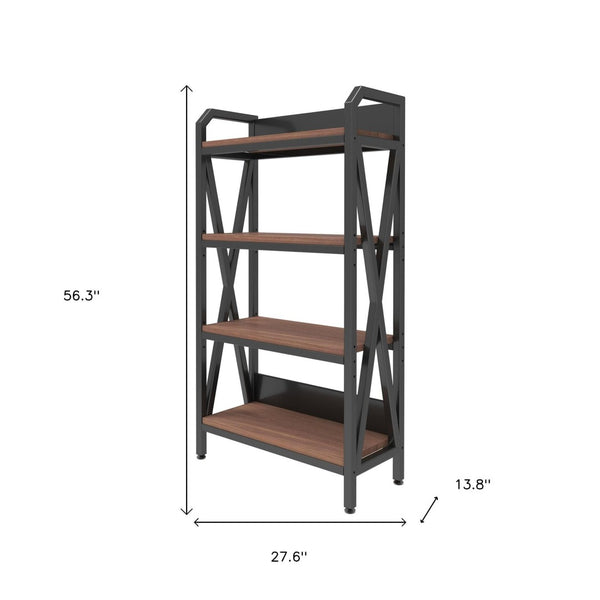 HomeRoots 56" Stylish Four-Tier Etagere Bookcase with Black Metal Frame and Brown Wood Shelves for Versatile Storage 683393