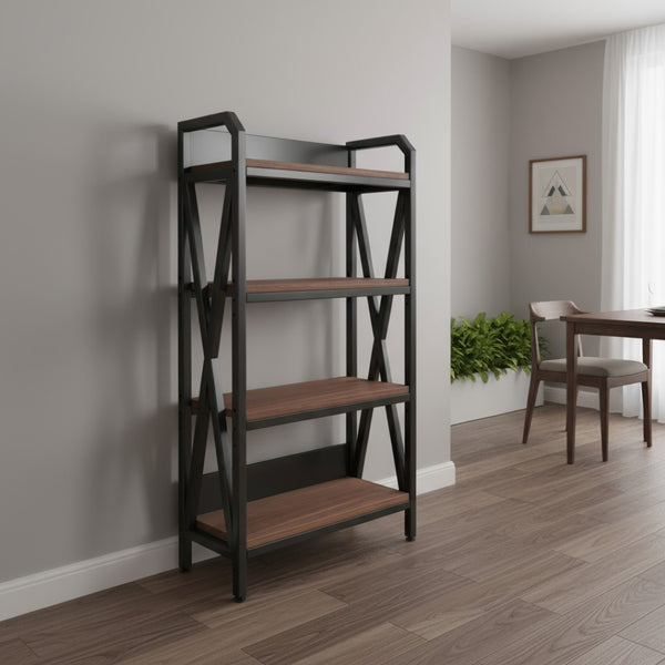 HomeRoots 56" Stylish Four-Tier Etagere Bookcase with Black Metal Frame and Brown Wood Shelves for Versatile Storage 683393