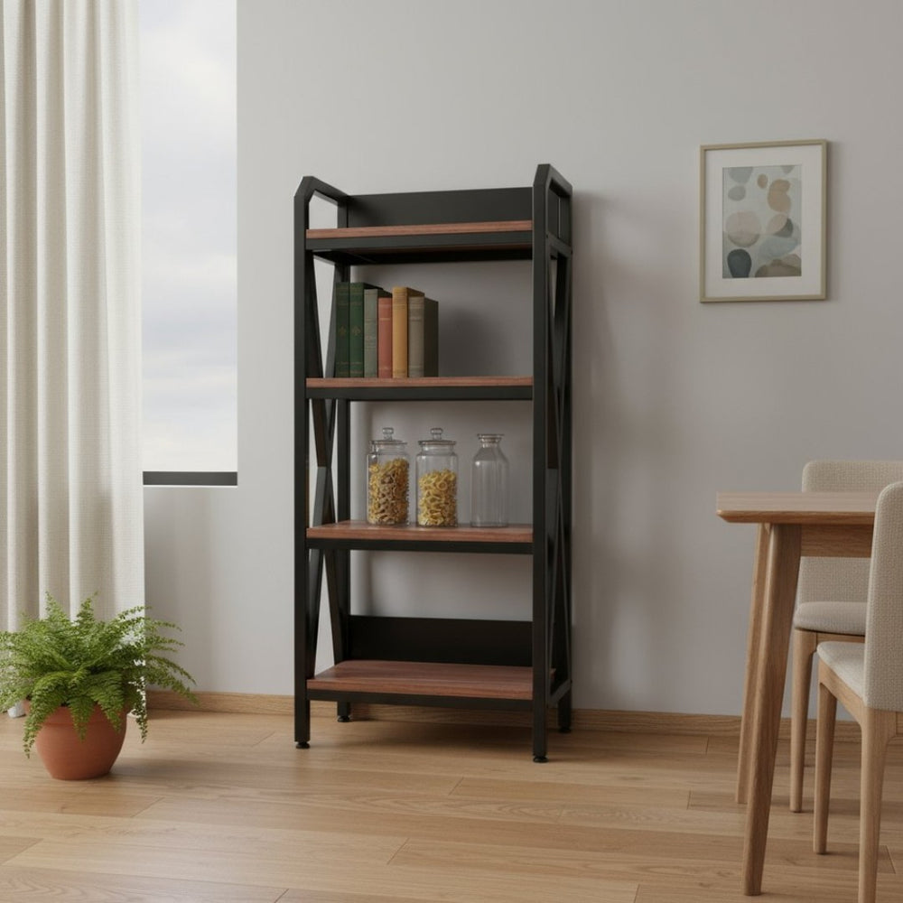 HomeRoots 56" Modern Black and Brown Metal Etagere Bookcase - Stylish Four-Tier Storage for Any Room 683394