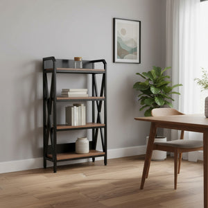 HomeRoots 56" Industrial Black Metal and Brown Faux-Wood Four-Tier Etagere Bookcase for Stylish Storage 683395