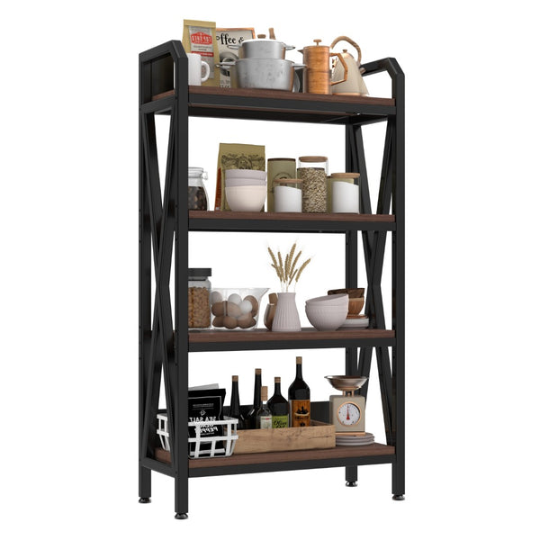 HomeRoots 56" Industrial Black Metal and Brown Faux-Wood Four-Tier Etagere Bookcase for Stylish Storage 683395