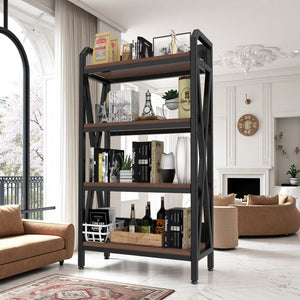 HomeRoots 56" Industrial Black Metal and Brown Faux-Wood Four-Tier Etagere Bookcase for Stylish Storage 683395
