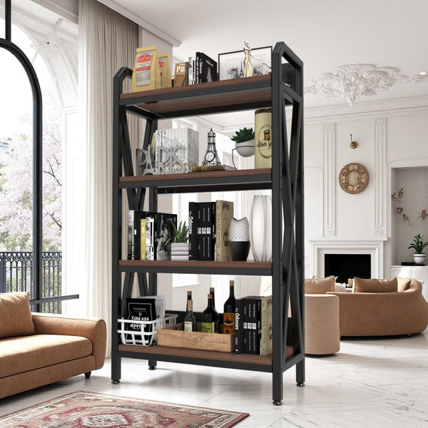 HomeRoots 56" Industrial Black Metal and Brown Faux-Wood Four-Tier Etagere Bookcase for Stylish Storage 683395