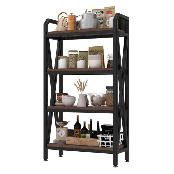 HomeRoots 56" Industrial Black Metal and Brown Faux-Wood Four-Tier Etagere Bookcase for Stylish Storage 683395