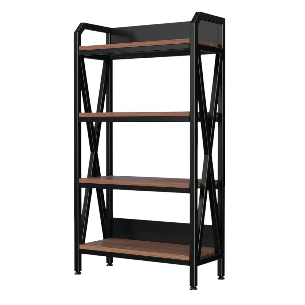 HomeRoots 56" Industrial Black Metal and Brown Faux-Wood Four-Tier Etagere Bookcase for Stylish Storage 683395