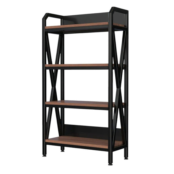 HomeRoots 56" Industrial Black Metal and Brown Faux-Wood Four-Tier Etagere Bookcase for Stylish Storage 683395