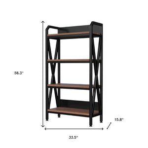 HomeRoots 56" Industrial Black Metal and Brown Faux-Wood Four-Tier Etagere Bookcase for Stylish Storage 683395