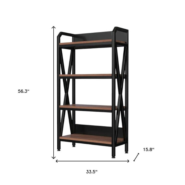HomeRoots 56" Industrial Black Metal and Brown Faux-Wood Four-Tier Etagere Bookcase for Stylish Storage 683395
