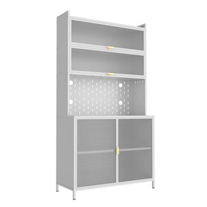 HomeRoots 73" White Stainless Steel Textured Door Dining Hutch - Stylish Storage with Gold Accents & Versatility 683396