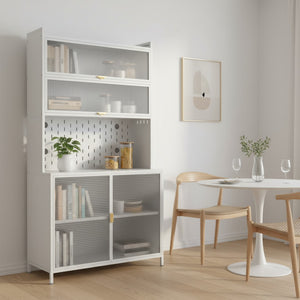 HomeRoots 73" White Stainless Steel Textured Door Dining Hutch - Stylish Storage with Gold Accents & Versatility 683396
