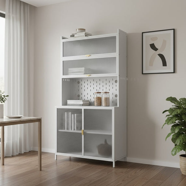 HomeRoots 73" White Stainless Steel Textured Door Dining Hutch - Stylish Storage with Gold Accents & Versatility 683396