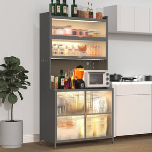 HomeRoots 73" Gray Stainless Steel Textured Door Dining Hutch - Stylish Storage with Gold Accents & Versatility 683397
