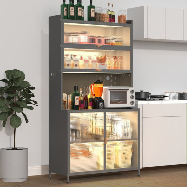HomeRoots 73" Gray Stainless Steel Textured Door Dining Hutch - Stylish Storage with Gold Accents & Versatility 683397