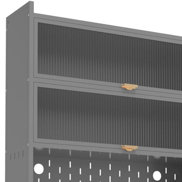 HomeRoots 73" Gray Stainless Steel Textured Door Dining Hutch - Stylish Storage with Gold Accents & Versatility 683397
