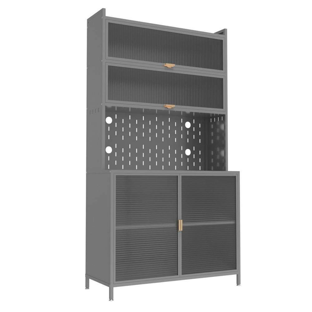 HomeRoots 73" Gray Stainless Steel Textured Door Dining Hutch - Stylish Storage with Gold Accents & Versatility 683397