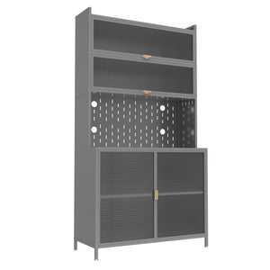 HomeRoots 73" Gray Stainless Steel Textured Door Dining Hutch - Stylish Storage with Gold Accents & Versatility 683397