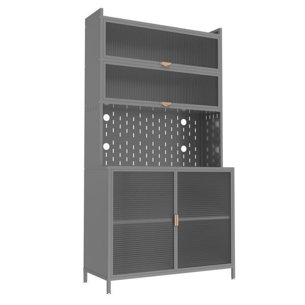 HomeRoots 73" Gray Stainless Steel Textured Door Dining Hutch - Stylish Storage with Gold Accents & Versatility 683397