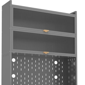 HomeRoots 73" Gray Stainless Steel Textured Door Dining Hutch - Stylish Storage with Gold Accents & Versatility 683397