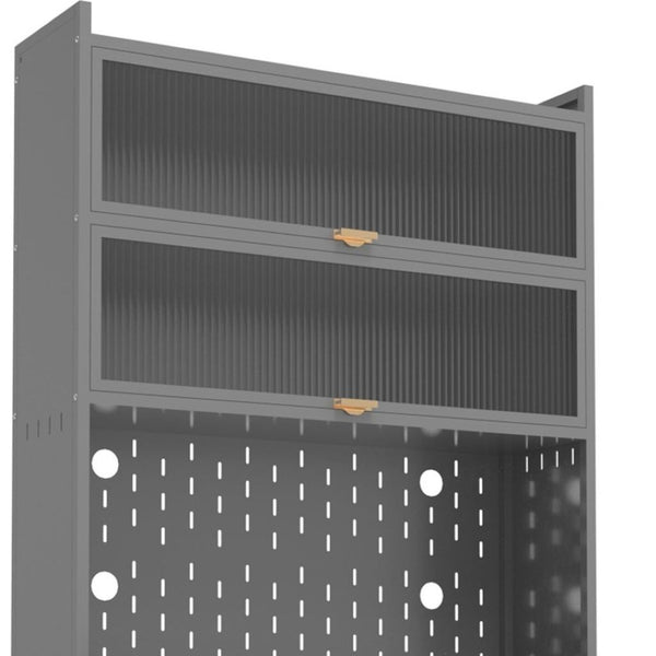 HomeRoots 73" Gray Stainless Steel Textured Door Dining Hutch - Stylish Storage with Gold Accents & Versatility 683397