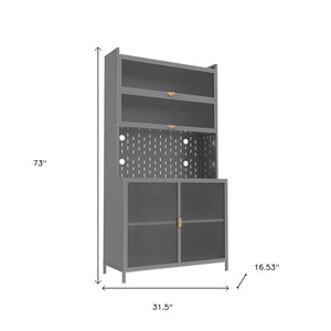 HomeRoots 73" Gray Stainless Steel Textured Door Dining Hutch - Stylish Storage with Gold Accents & Versatility 683397