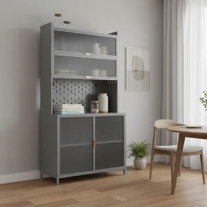 HomeRoots 73" Gray Stainless Steel Textured Door Dining Hutch - Stylish Storage with Gold Accents & Versatility 683397
