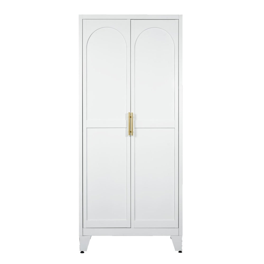 HomeRoots 71" White Steel Pantry Closet with Arched Doors, Gold Pulls & Adjustable Shelves for Stylish Storage 683399