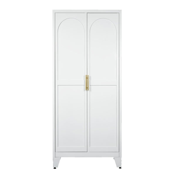 HomeRoots 71" White Steel Pantry Closet with Arched Doors, Gold Pulls & Adjustable Shelves for Stylish Storage 683399