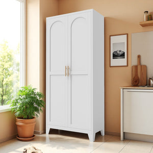 HomeRoots 71" White Steel Pantry Closet with Arched Doors, Gold Pulls & Adjustable Shelves for Stylish Storage 683399