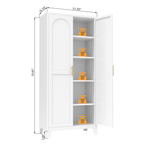 HomeRoots 71" White Steel Pantry Closet with Arched Doors, Gold Pulls & Adjustable Shelves for Stylish Storage 683399