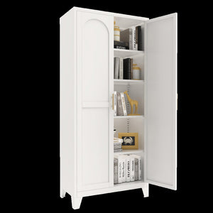HomeRoots 71" White Steel Pantry Closet with Arched Doors, Gold Pulls & Adjustable Shelves for Stylish Storage 683399