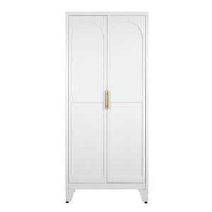 HomeRoots 71" White Steel Pantry Closet with Arched Doors, Gold Pulls & Adjustable Shelves for Stylish Storage 683399