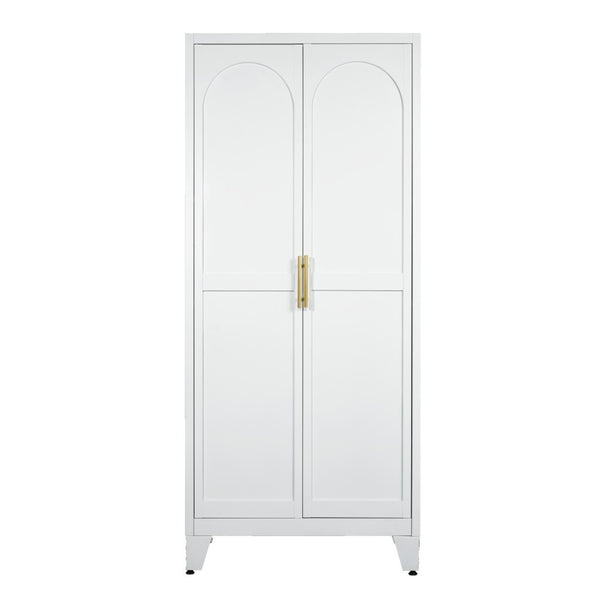 HomeRoots 71" White Steel Pantry Closet with Arched Doors, Gold Pulls & Adjustable Shelves for Stylish Storage 683399