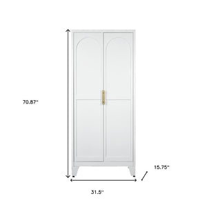 HomeRoots 71" White Steel Pantry Closet with Arched Doors, Gold Pulls & Adjustable Shelves for Stylish Storage 683399