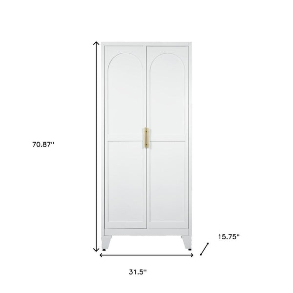HomeRoots 71" White Steel Pantry Closet with Arched Doors, Gold Pulls & Adjustable Shelves for Stylish Storage 683399