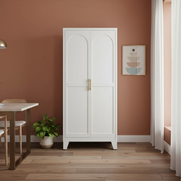 HomeRoots 71" White Steel Pantry Closet with Arched Doors, Gold Pulls & Adjustable Shelves for Stylish Storage 683399